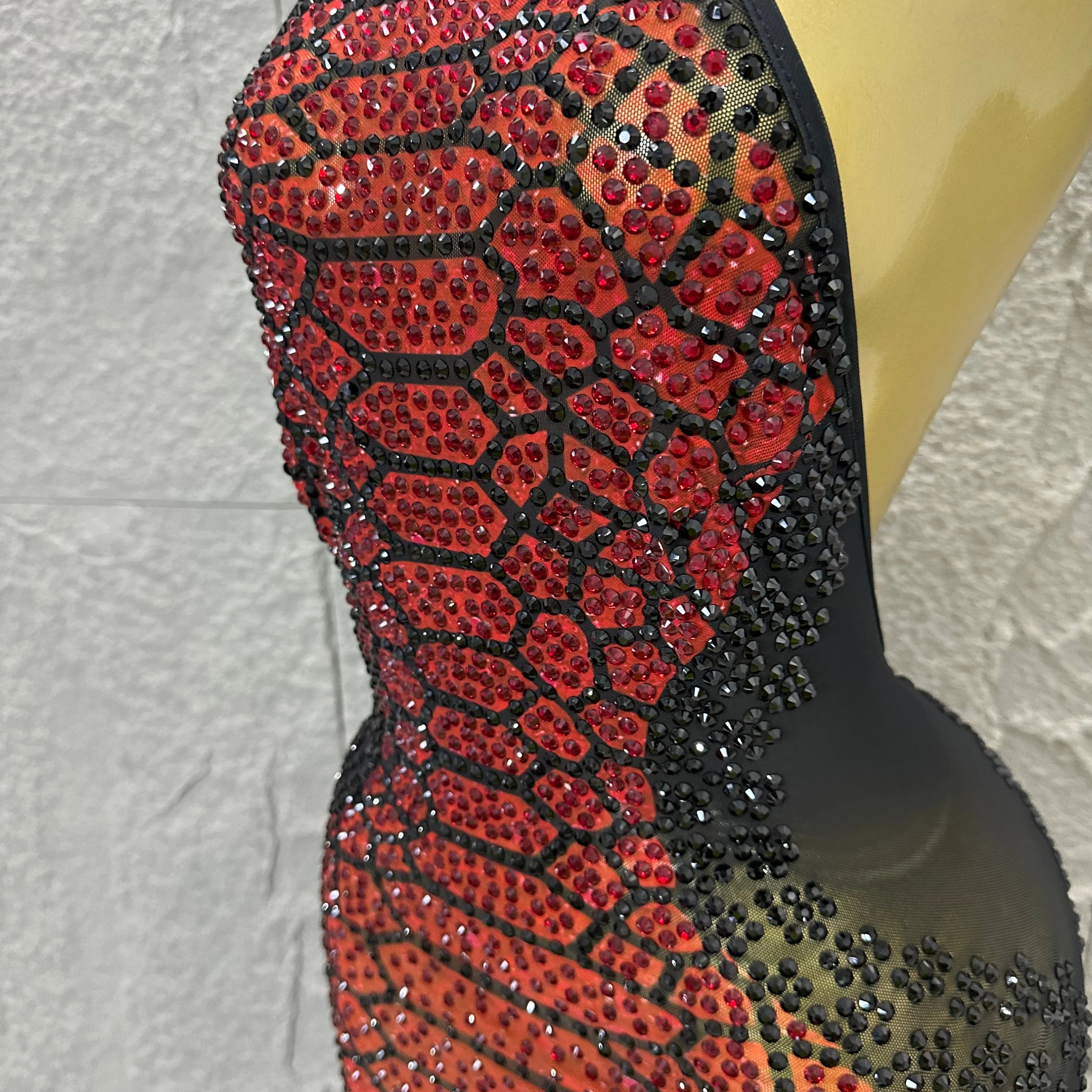 Luxurious Rhinestone Opulent Maxi Dress Women Halter Neck Sheer Mesh Black Red Crystal Embellished Stage Gown