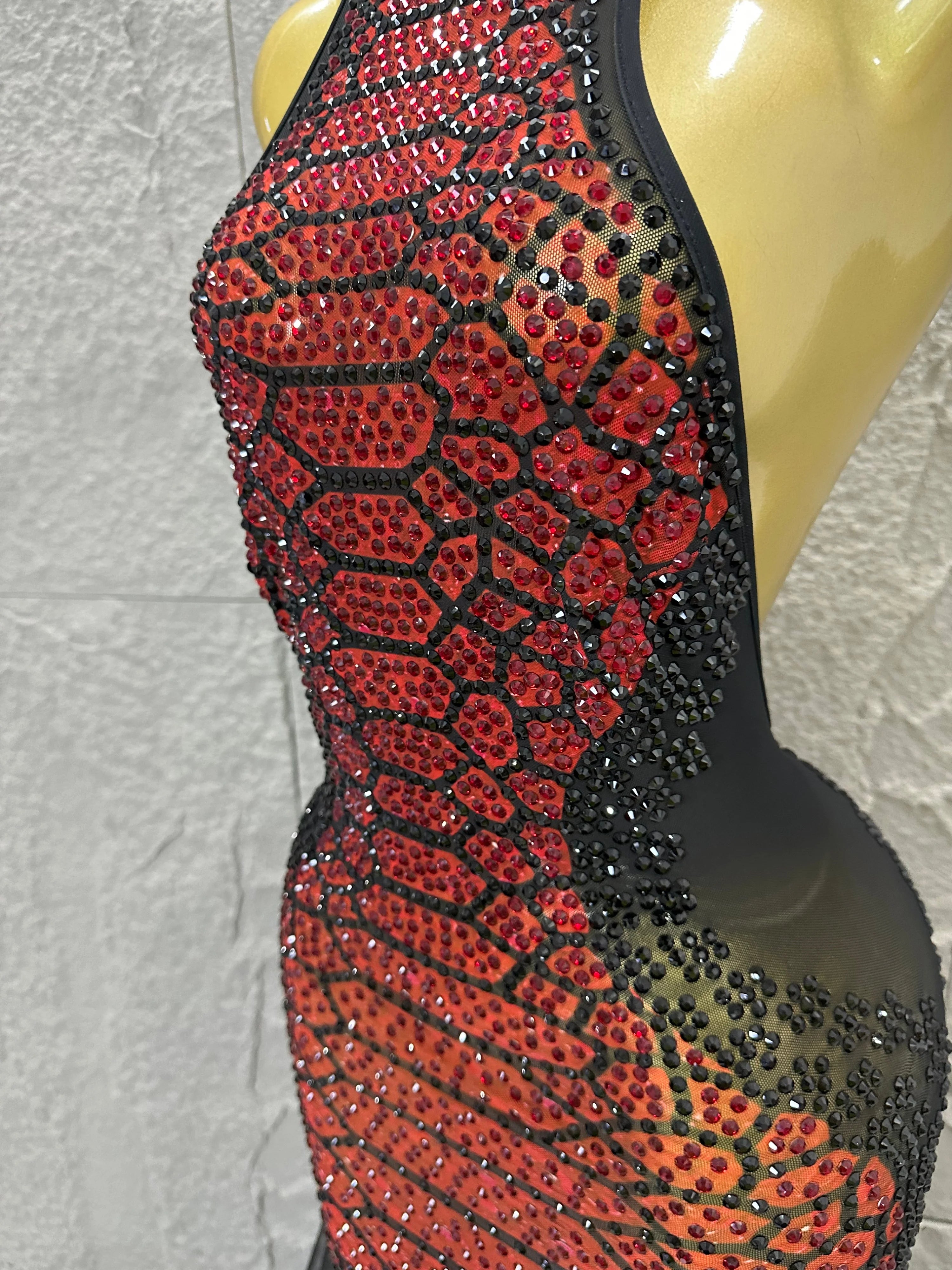 Luxurious Rhinestone Opulent Maxi Dress Women Halter Neck Sheer Mesh Black Red Crystal Embellished Stage Gown