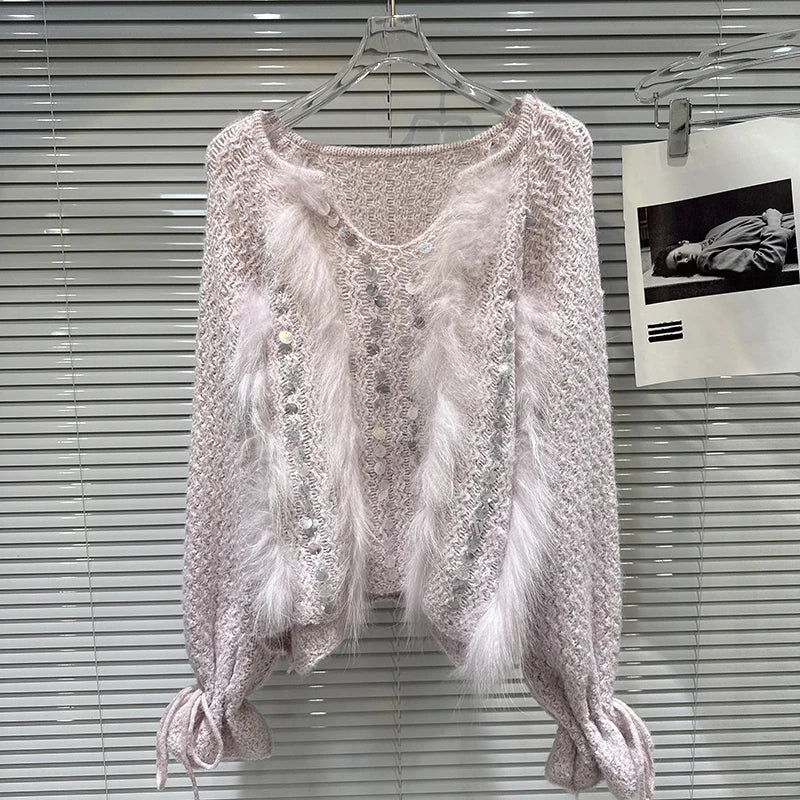 Winter New Fashion Beaded Embroidery Drawstring Sleeve Knitted Sweater For Women Loose Plush Spliced Tops 11A07605 Pink One Size