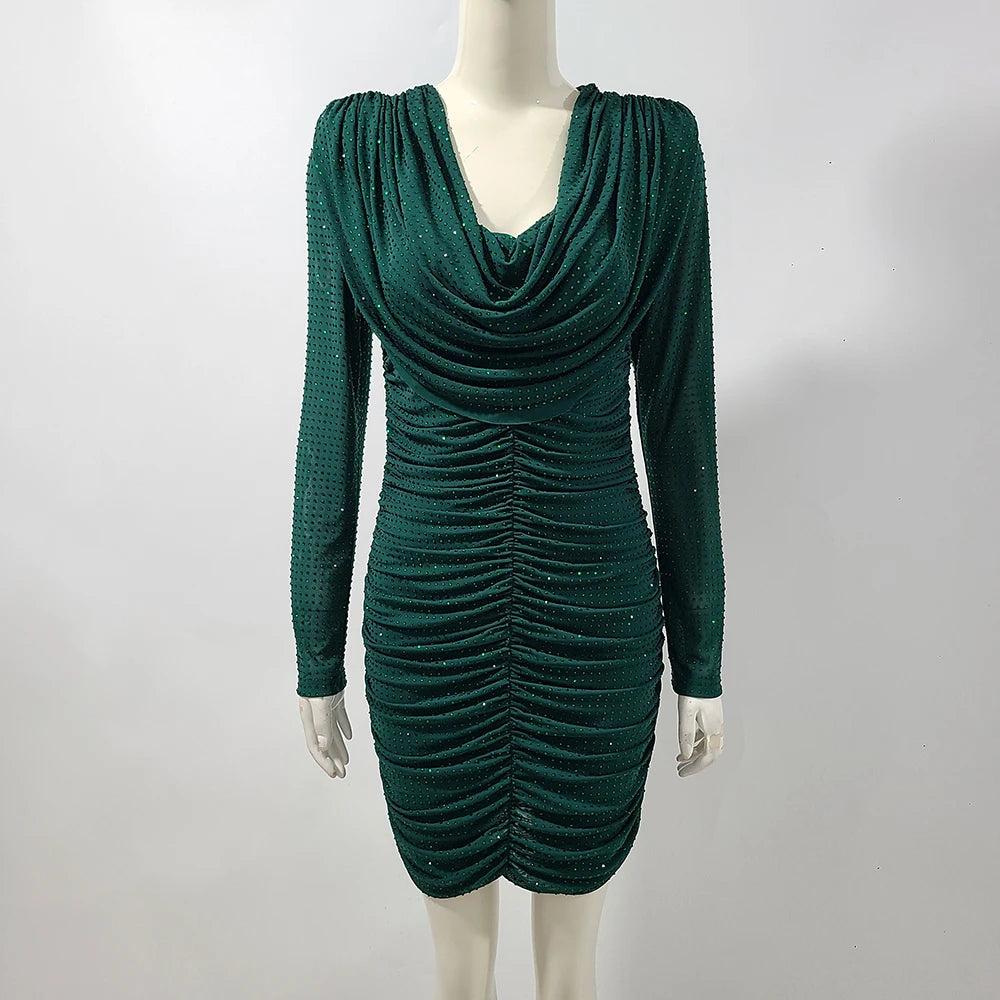 2025 New Rhinestone Long Sleeve Sexy Mini Dress For Women Fashion Shawl Collar Bodycon Club Dress Elegant Female Party Clothes Dark Green