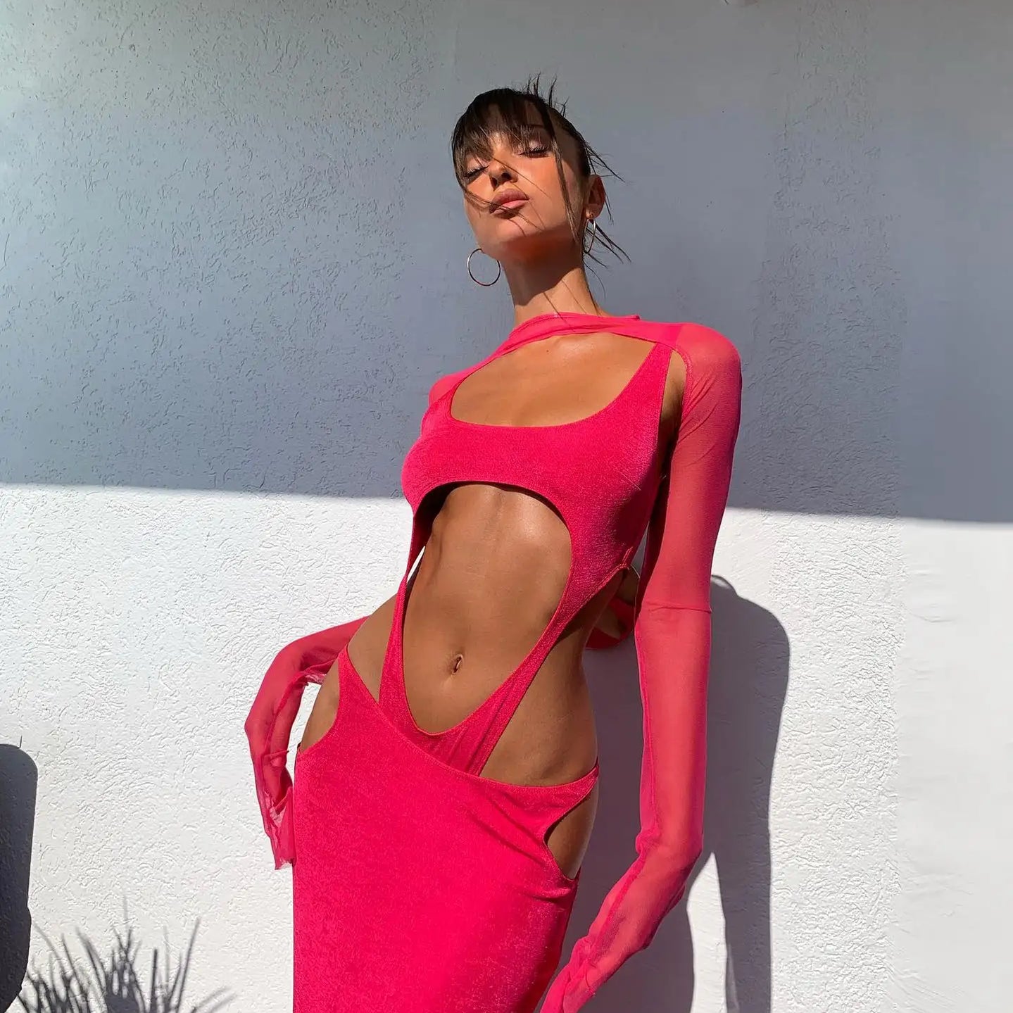 Rosered Color Women Long Sleeve Mesh Rayon Bandage Sexy Holes Bodycon Long Dress Nightclub Party Celebrate Vacation Beach Dress