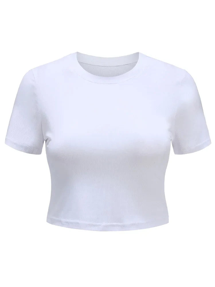 O Neck Knit White Crop Top Women Summer Casual T Shirt Basic Sexy Streetwear Ribber Black Short Sleeve Tops