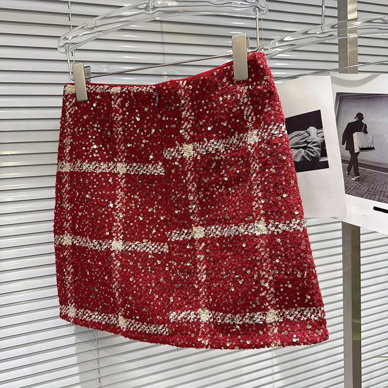 Winter New Fashion Sequin Woven Tweed Plaid A-line Skirt For Women Wrapped Hip A-line Short Skirts Female 11A07960