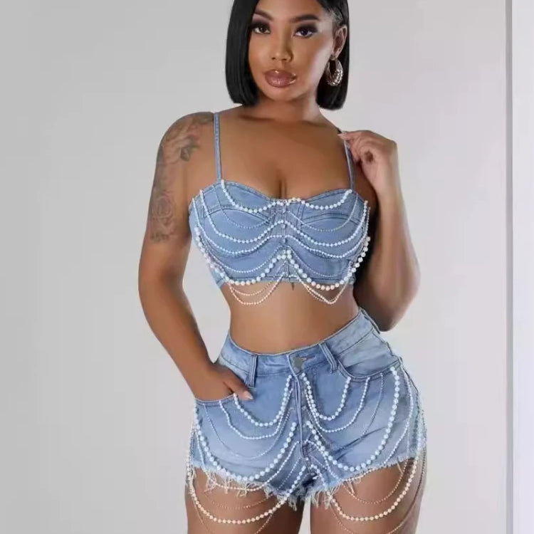 CM.YAYA Women Set Denim Strapless Pearl Beading Top + shorts Sets Street Casual Two 2 Piece Set Sexy Party Outfit 2024 Summer Blue