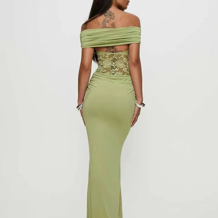 Off-shoulder Strapless Sexy Maxi Dress For Women Green Lace Sheer Sleeveless Backless Bodycon Club Party Long Dress