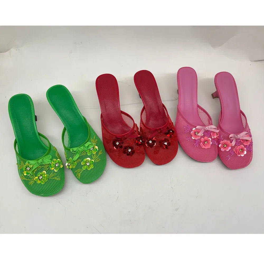 2025 Summer Spring Women Slippers for Woman Mesh Flower High Heeled Shoes Sexy Ladies Slip-On Non-Slip Round Toe Wedding Sandals