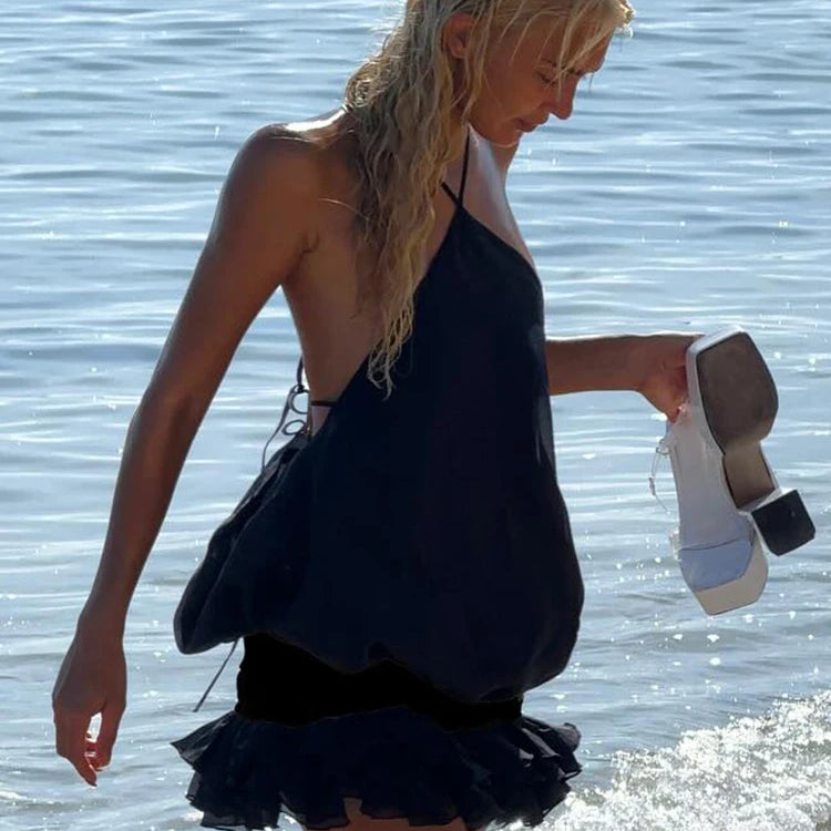 Edgy Black Halter Sleeveless Mini Dress Gown with Open Back for Trendy Parties