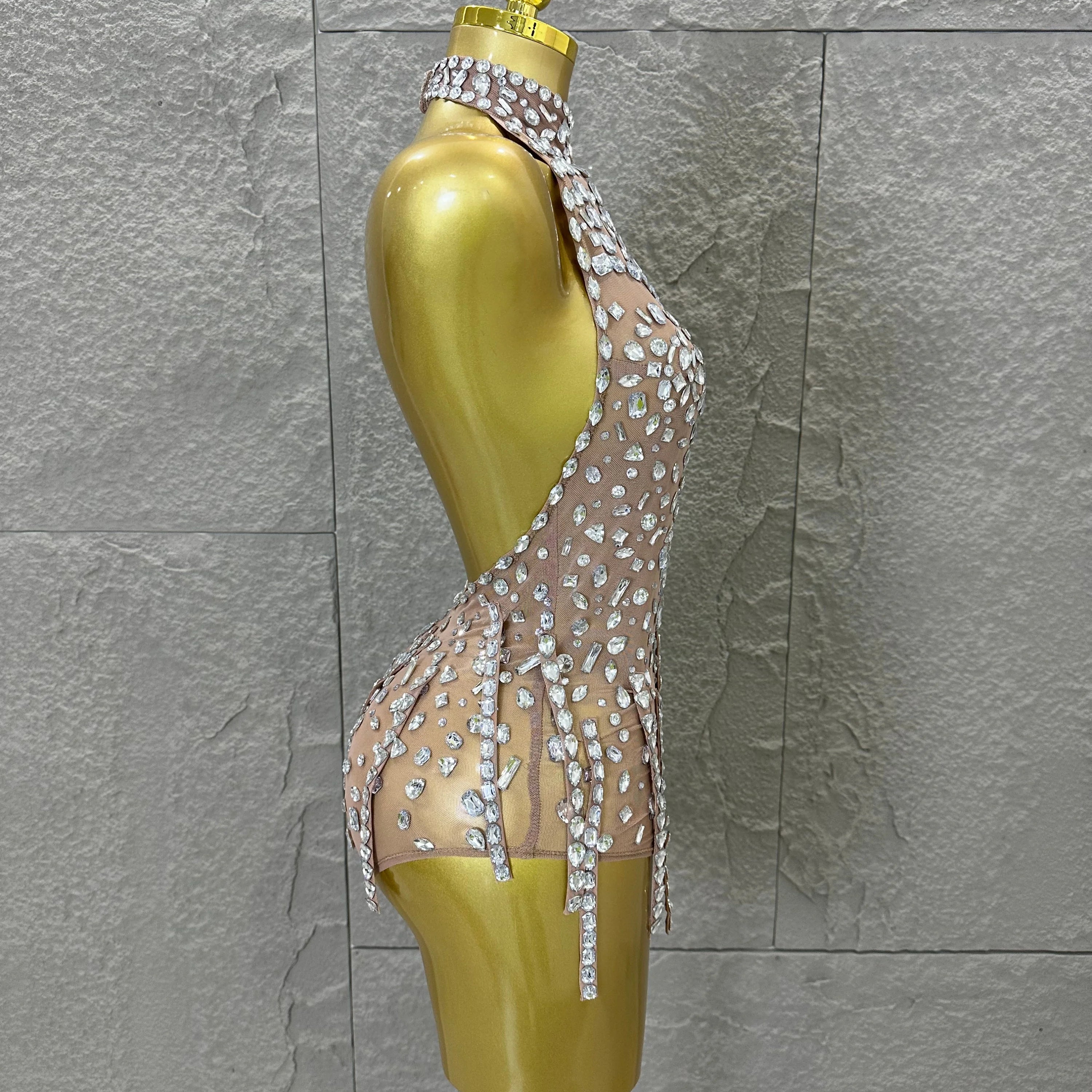 Pink Nude Sleeveless Bodysuit Women Sheer Mesh Crystal Rhinestone Embellished Formal Event Performance Costume