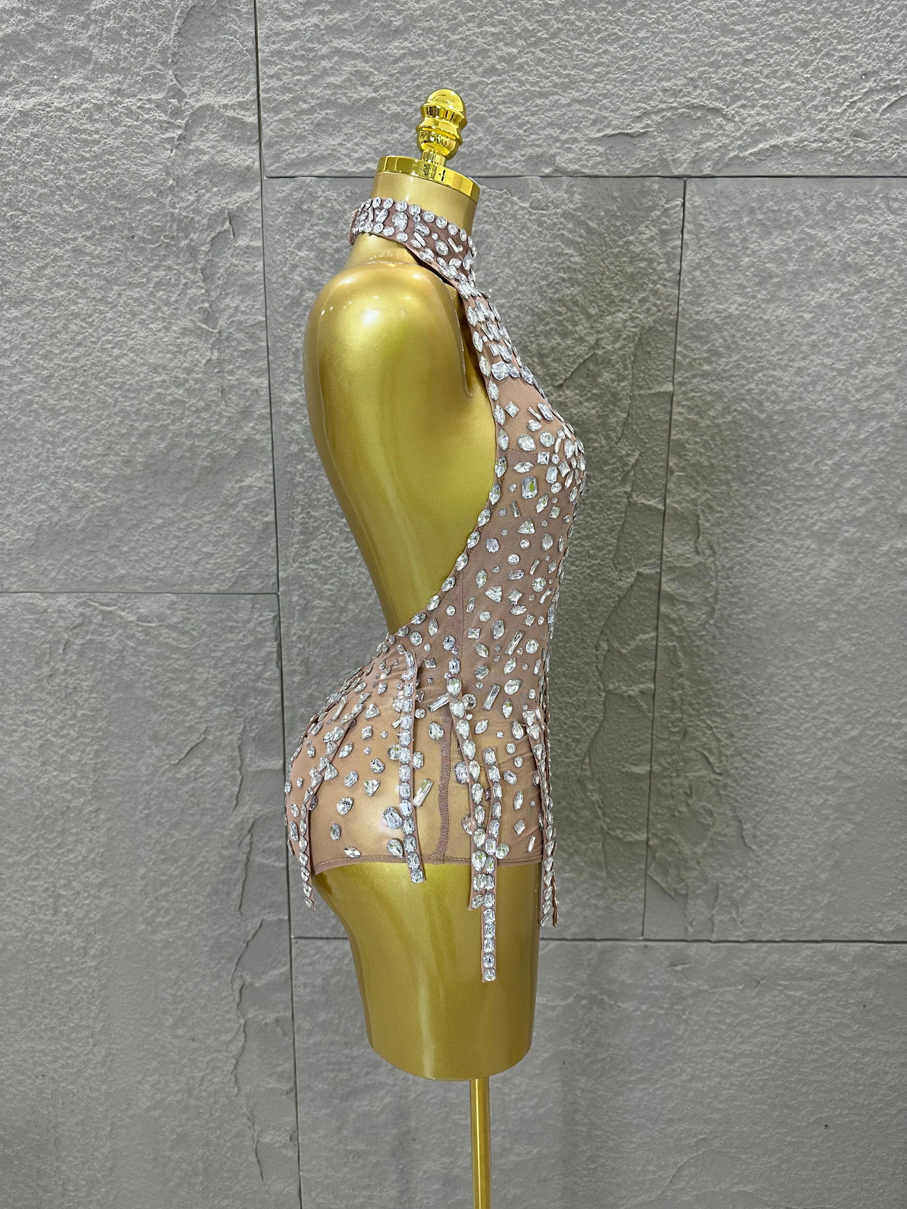 Pink Nude Sleeveless Bodysuit Women Sheer Mesh Crystal Rhinestone Embellished Formal Event Performance Costume