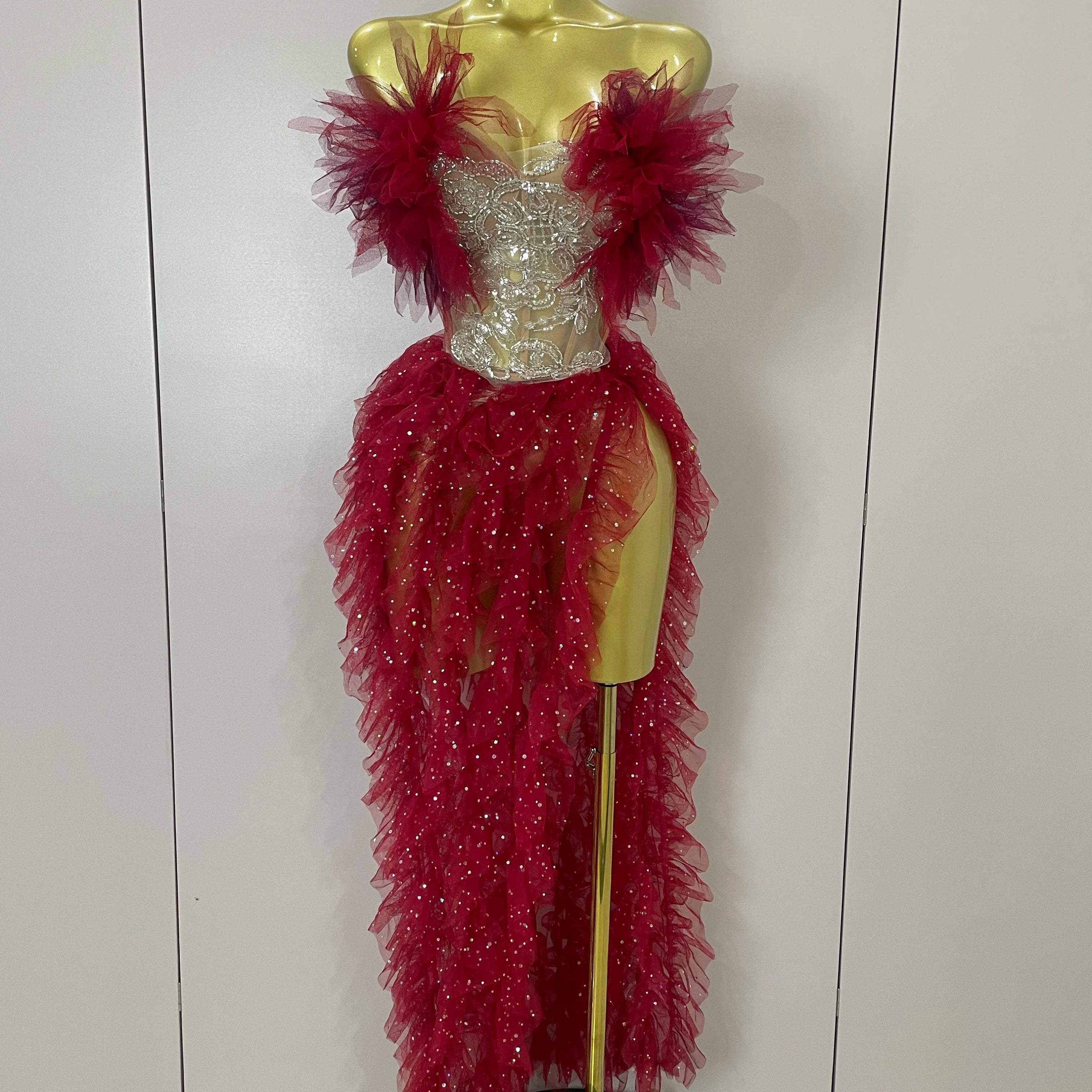 2025 Women Pink Ruffles Sexy Strapless Mini Tops 2 PCS Set Dress Nightclub Bar Birthday Party Evening Stage Performance Costume Red