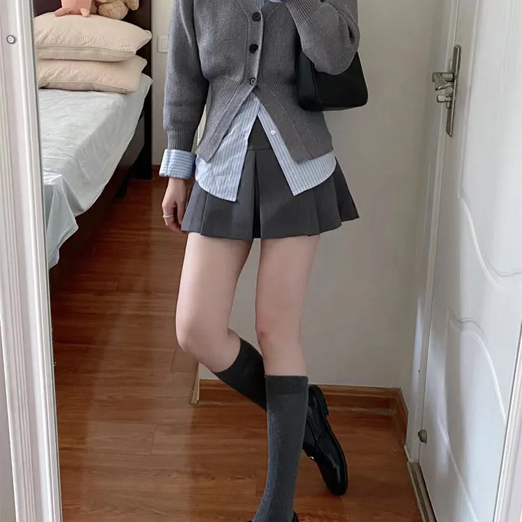 Preppy Style Sweet Wind Suit 3 Piece Set Female Student Korean Striped Blouses + Knitwear Cardigan + Korea A-Line Skirt Coquette
