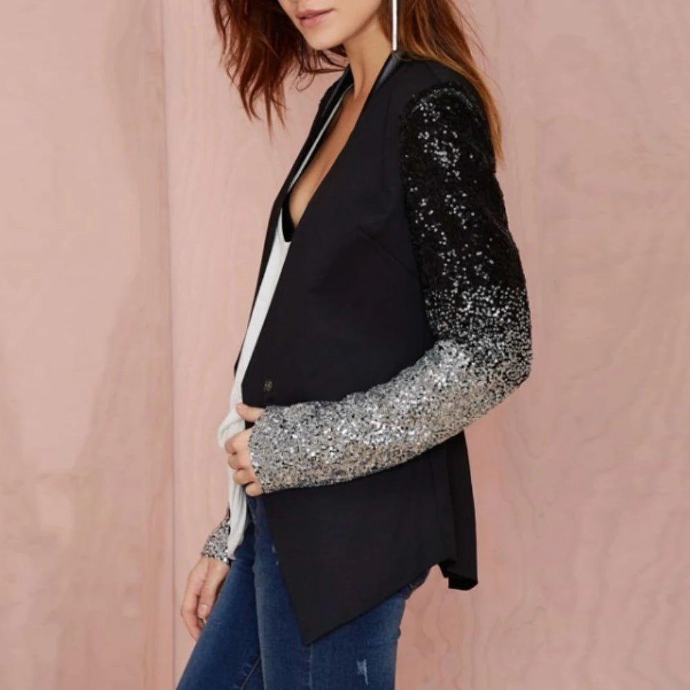 Fashion Spliced Sequins Blazers for Women V Neck Long Sleeves Patchwork Button Temperament Blazer Female Clothing