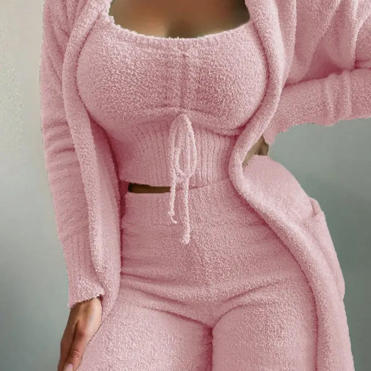 CM.YAYA 3-Piece Women Sets Plush Velvet Pajama Sleepwear Tank Tops + Pants + Cardigan Coat Tracksuit Loungewear Causal Outfits