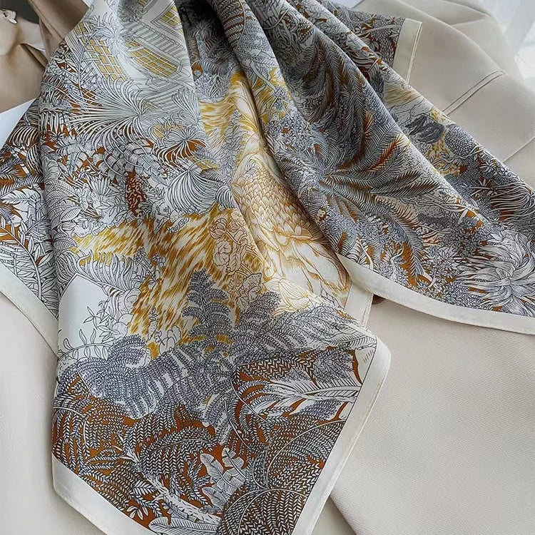 BYSIFA| New Grey Blue Silk Scarf Fashion Floral Design 70cm Square Scarves Fall Winter Neck Scarf Hijab Sweet Headband 65*65cm beige