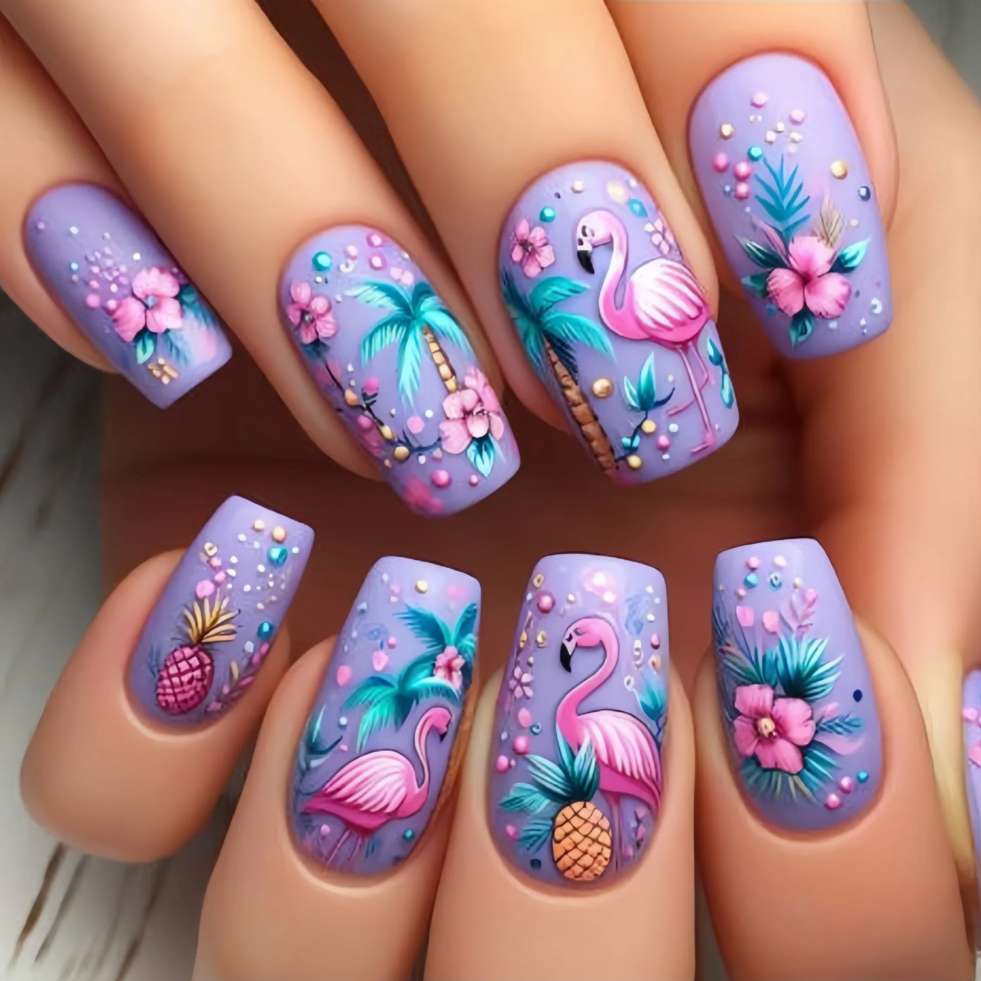 24pcs/set Short Medium long fake nails for women girls Spring summer flowers butterfly flamingo blue pink press on false nails 2043