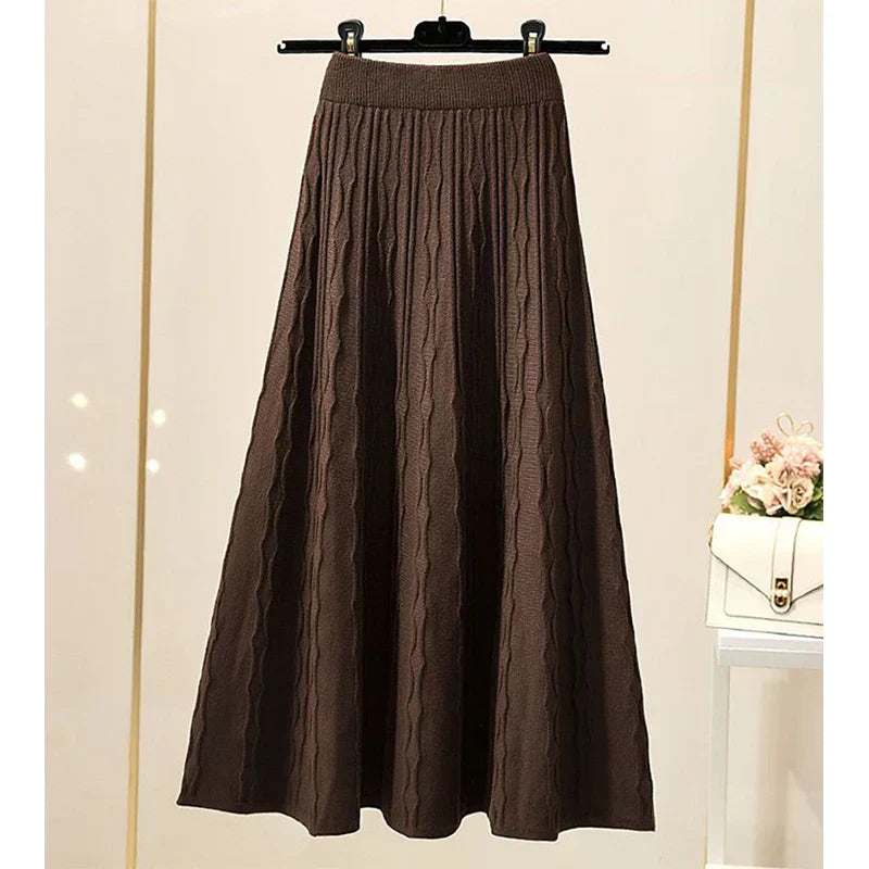 MEXZT Vintage Knitted Midi Skirts Women Black High Waist Sweater Skirt Winter Ladies Korean Slim All Match Chic A Line Faldas Coffee
