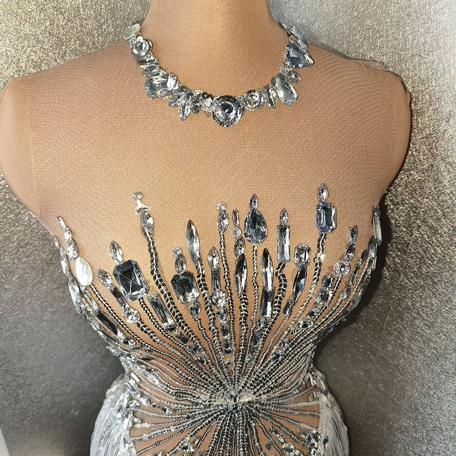 Sexy Rhinestone Crystal Bodysuit Women Big Stretch Tassel Club Prom Drag Queen Costume DS Stage Singer Dance Fringe Leotard