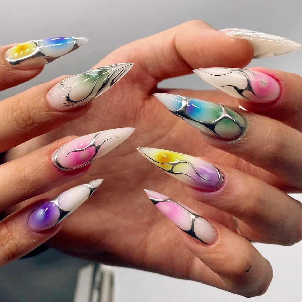 Exaggerate Punk Extra Long Pointed Fake Nails Art Dark Y2K Black Spider Centipede Rhinestone False Nail Press on Nails Manicure MT2486JP3476