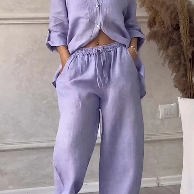 Women Plus Size Two Pieces Set Drawstring Straight Elastic Waist and Long Sleeve Button Shirt Top Matching Set Linen Cotton Set Purple