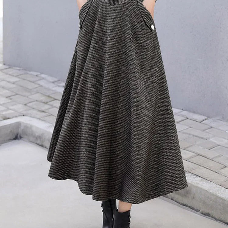 High Waist Vintage Houndstooth Plaid Warm Wool Long Skirt For Women 2023 Elegant Casual Big Swing A-Line Saias Longas Female