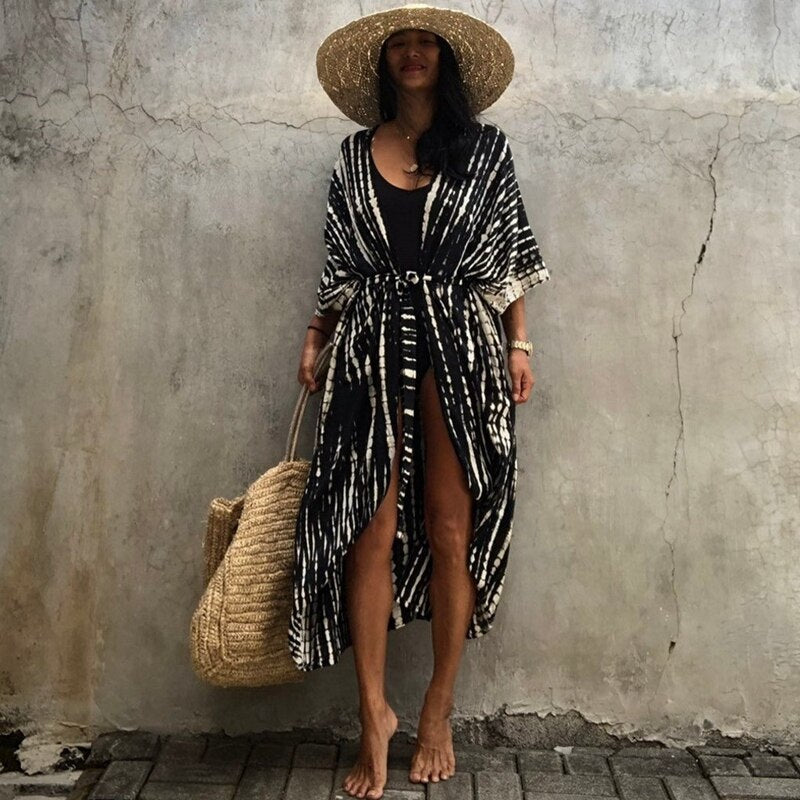Sexy Bikini Cover-ups Summer Beach Pareo Stripes Loose Kimono Swimsuit Dress Beachwear Boho Bathing Suit Cover Up Q One Size