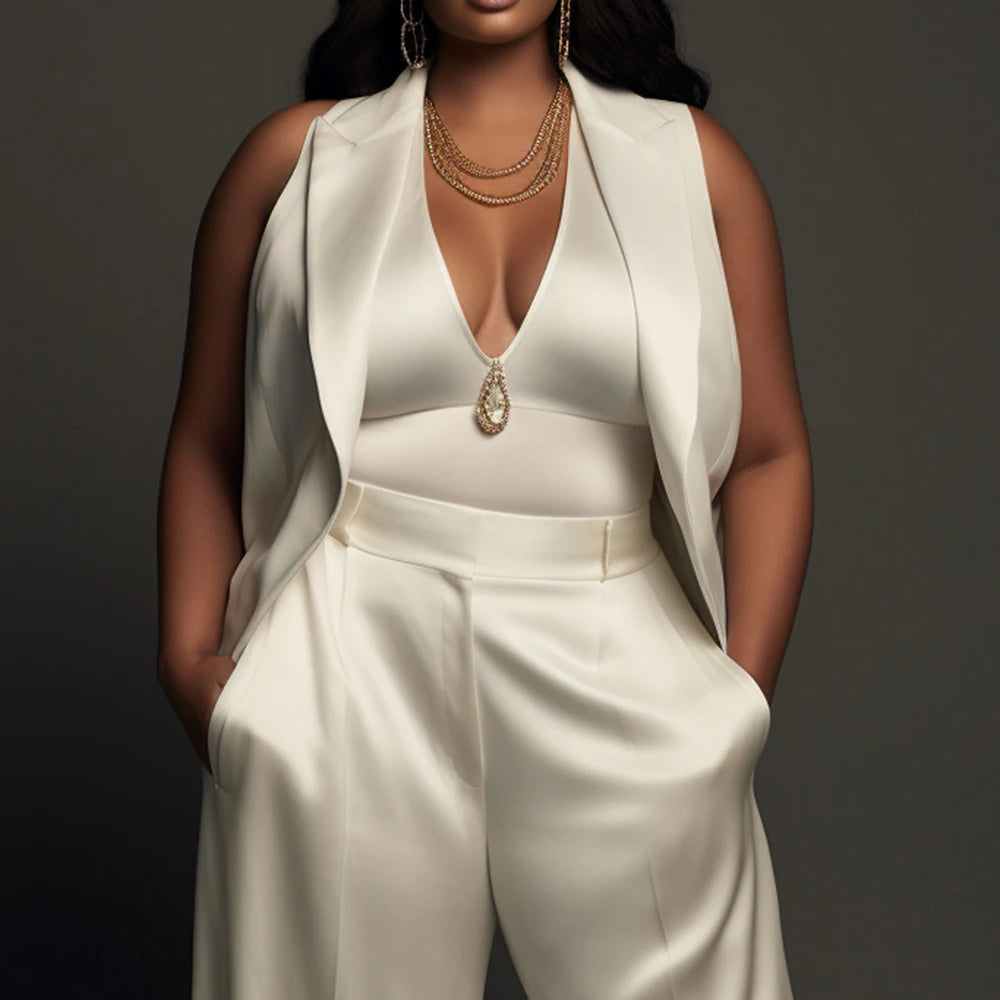 Plus Size Business Casual White Lapel Collar Pocket Wide Leg Satin Two Piece Pant Suits