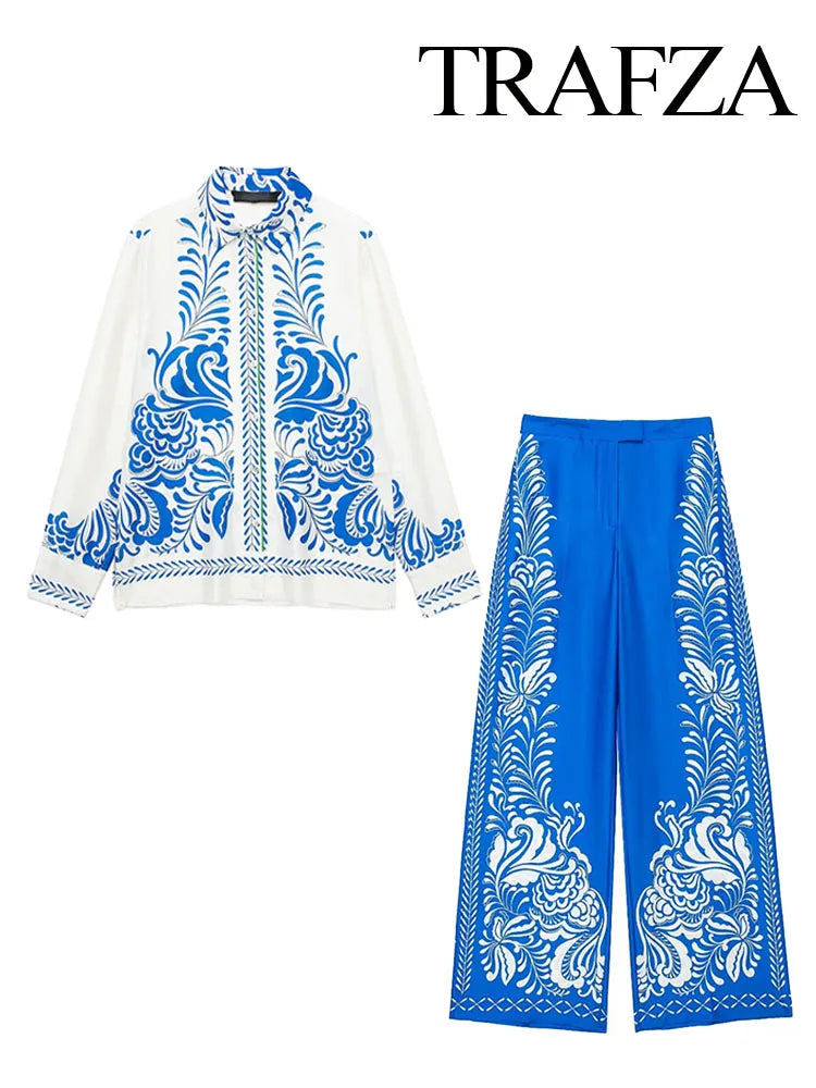 TRAFZA Women Suits Print Turn-Down Collar Long Sleeves Single Breasted Casual Shirts+High Waist Pockets Zipper Wide Leg Pants