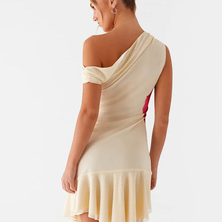 Mozision Skew Collar Ruffled Print Sexy Mini Dress For Women Off-shoulder Sleeveless Backless High Waist Printed Dress Vestido