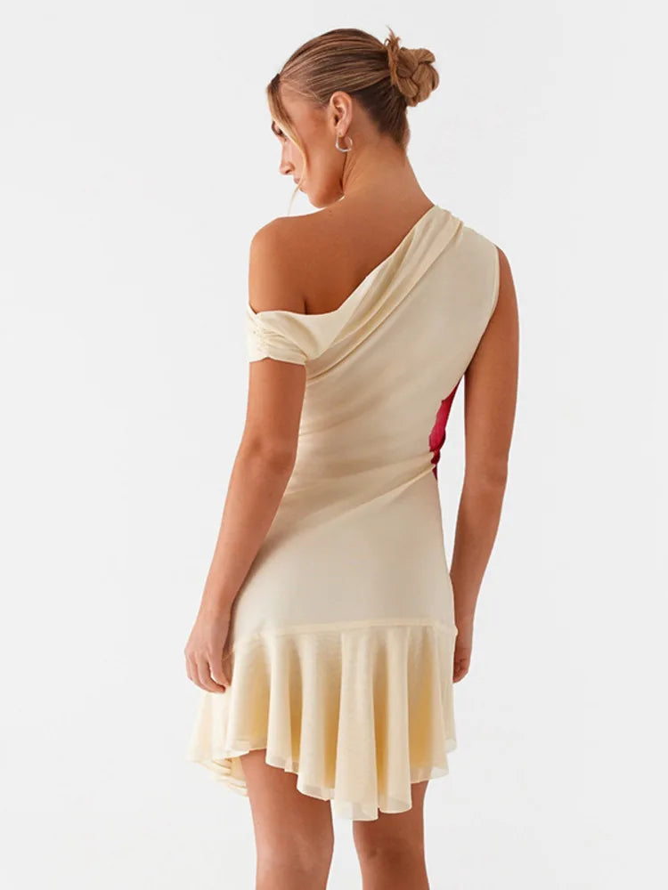 Mozision Skew Collar Ruffled Print Sexy Mini Dress For Women Off-shoulder Sleeveless Backless High Waist Printed Dress Vestido