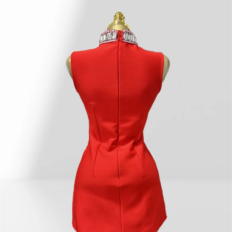 New Summer Super shining Diamonds O-neck Sleeveless Bandage Mini Dress Fashion Woman Birthday Party Dress Music Festival Outfit