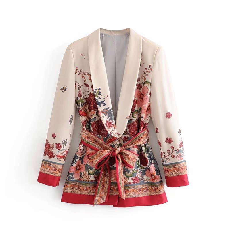 Printed Notched Blazer Women Suits With Belt Elastic High Waist Wide Leg Female Pants Two Piece Set Long Sleeve Top Outfits A Blazer top