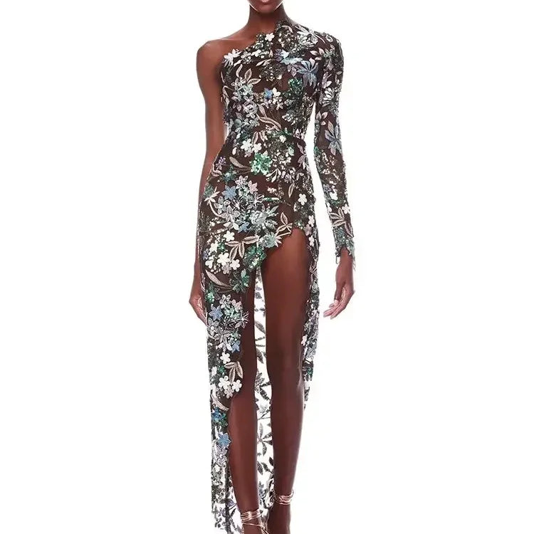 Sexy Women One Shoulder Long Sleeves Luxury Sequin Floral Embroidered Asymmetric Flower Slim Long Dress Bodycon Party Dress As Photo