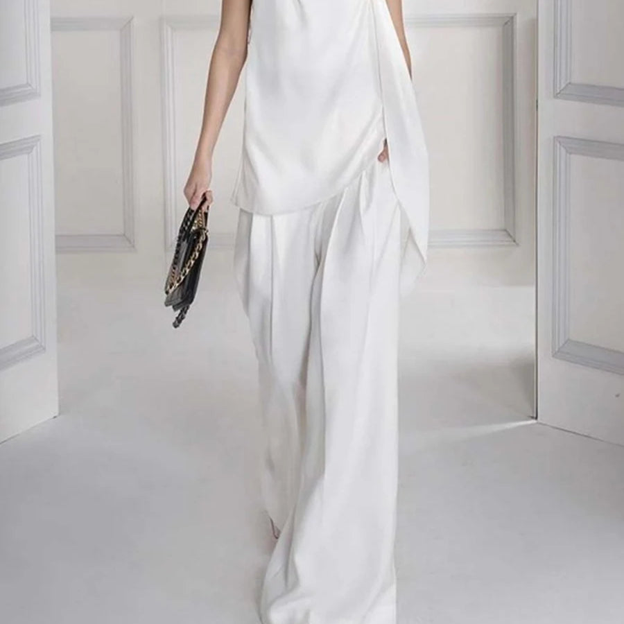 Solid Loose Two Piece Sets for Women Halter Neck Sleeveless Irregular Top High Waist Wide Leg Pants Set Female New WHITE