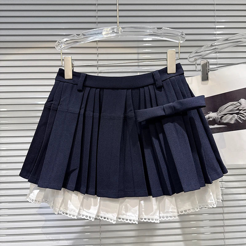 Winter New Fashion Bowknot Contrast Color Hem Thickened Pleated Skirt Short For Women A-Line Skirts Female 11A07471 Blue