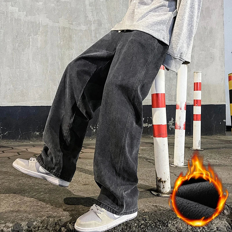 Winter Fleece Men's Baggy Wide Leg Jeans Thicken Warm Fashion Streetwear Oversized Elastic Waist Black Straight Denim Pants Black gray