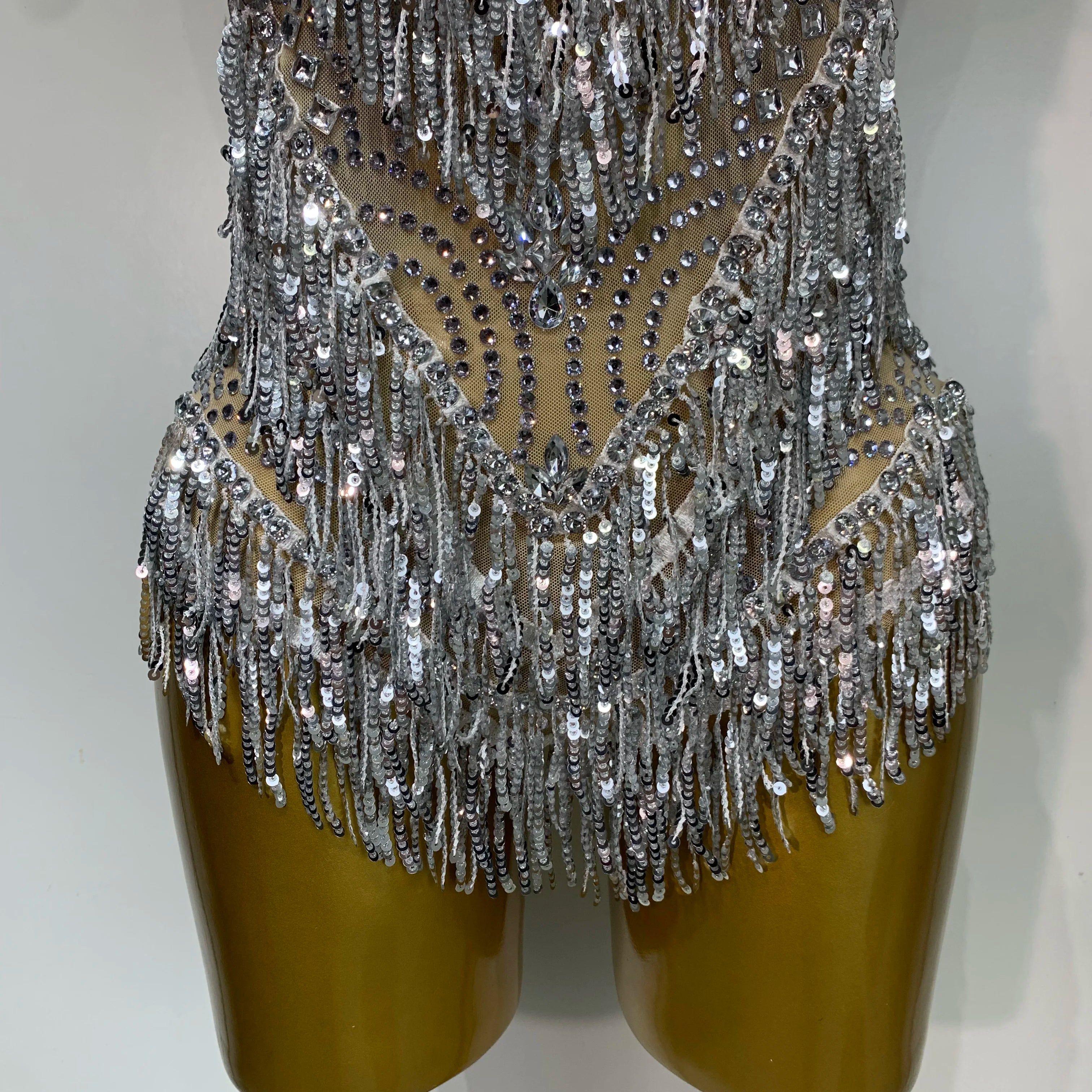Sparkly Rhinestone Tassel Sexy Backless Mesh Bodysuit Women Luxury Birthday Party Nightclub Bar Dencer Stage performance Costume