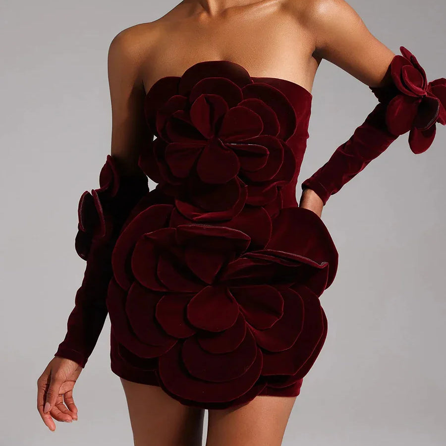 Solid Slimming Temperament Mini Dresses for Women Strapless Sleeveless Patchwork 3D Flowers Dress Female Clothing