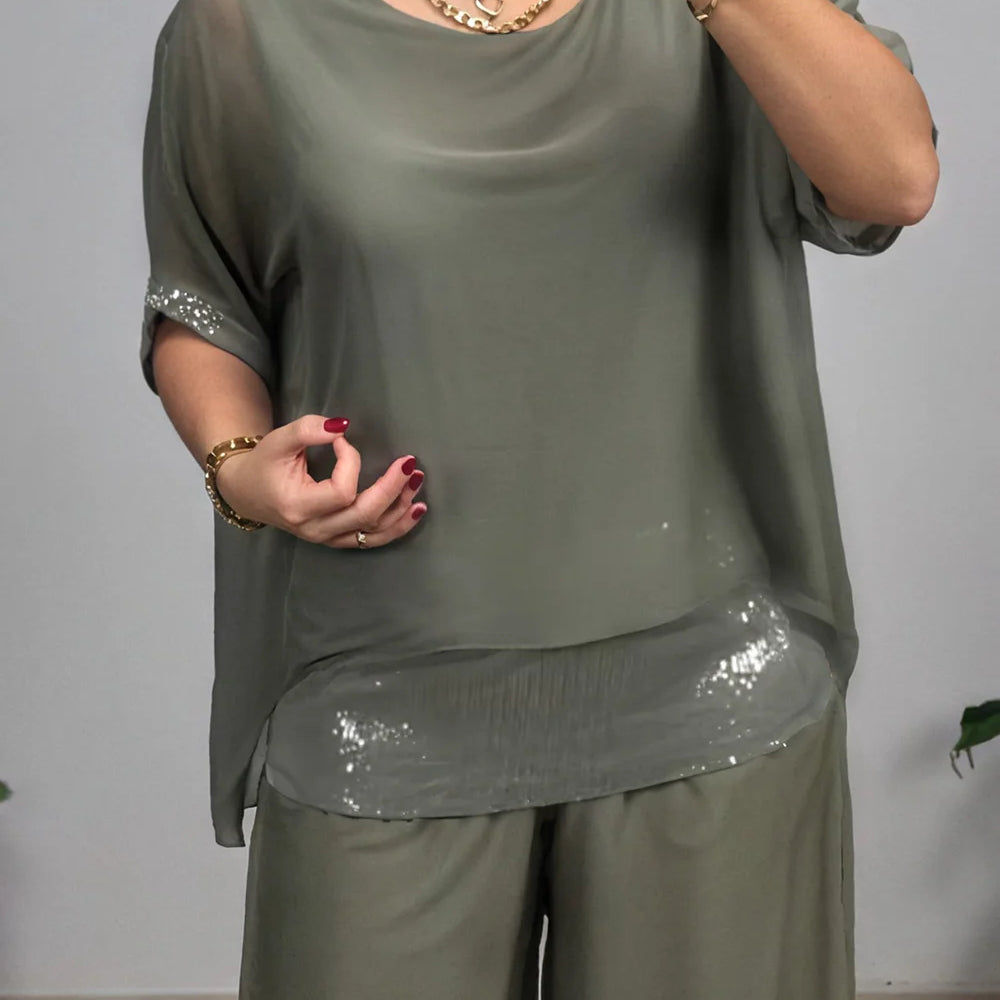 Plus Size Formal Green Elegant Round Neck Half Sleeve Pocket Chiffon Three Piece Sets