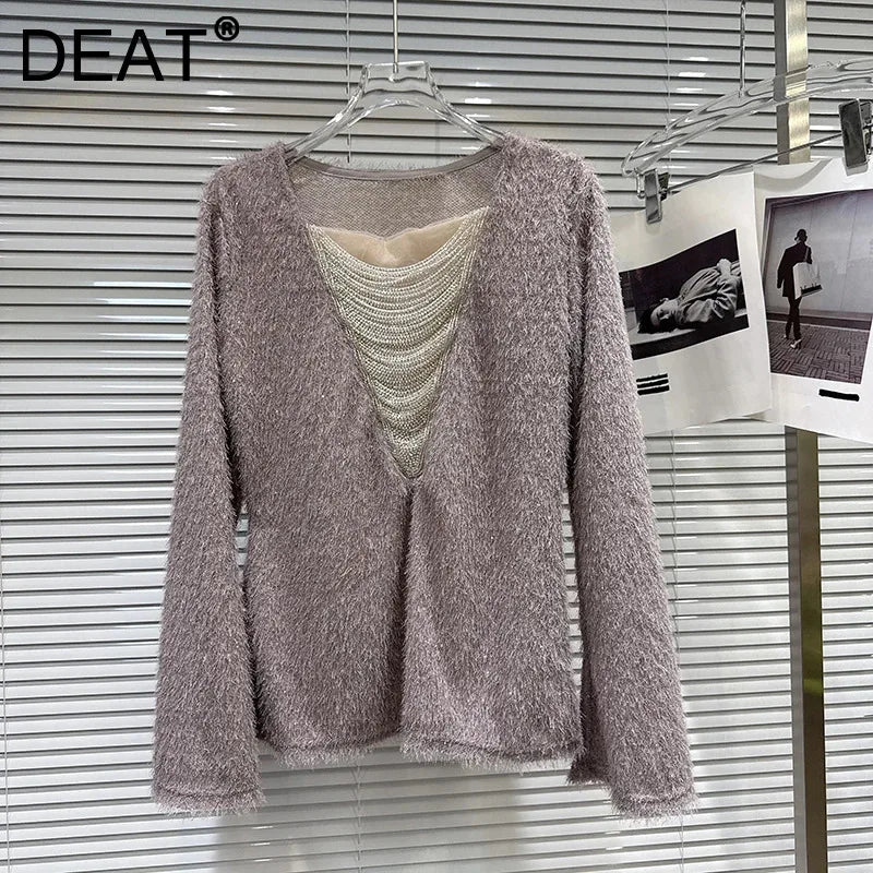 Winter New Fashion V-neck Beaded Tassel Chain Design Fluffy T-shirt For Women Loose Versatile Pullover Female 11A07943