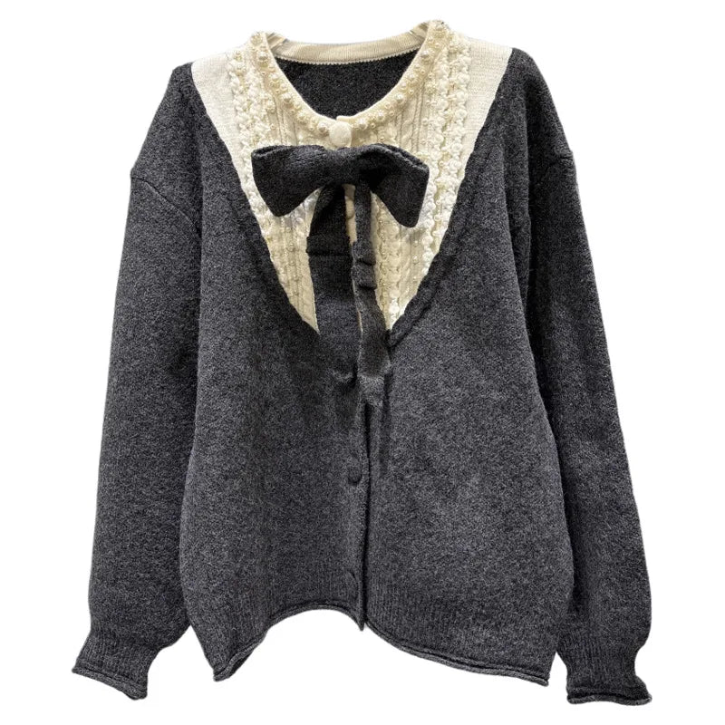Winter New Fashion Bow Pin Contrast Color Loose Knitted Sweater For Women Single-breasted Cardigan Female 11A07833
