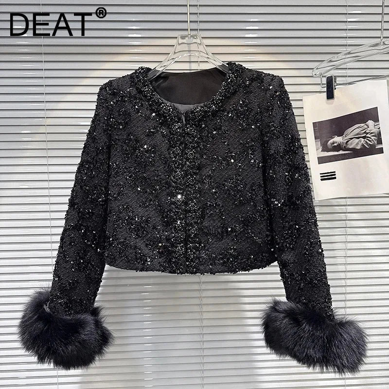 Winter New Fashion Fox Fur Cuff Beaded Edge Cotton Inner Short Coat For Women High-end Elegant Jacket Female 11A07516