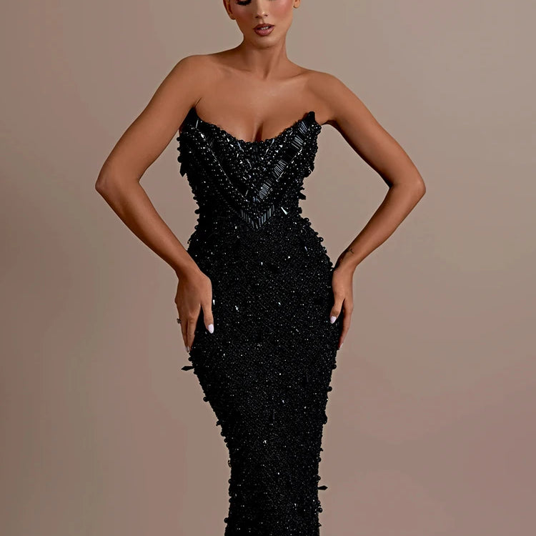 Stunning Strapless Sleeveless Black Crystal Sequin Dress Luxury Party Evening Gown