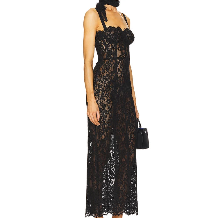 Elegant Black Lace Spaghetti-Strap Maxi Dress for Sophisticated Occasions Party Evening Gown