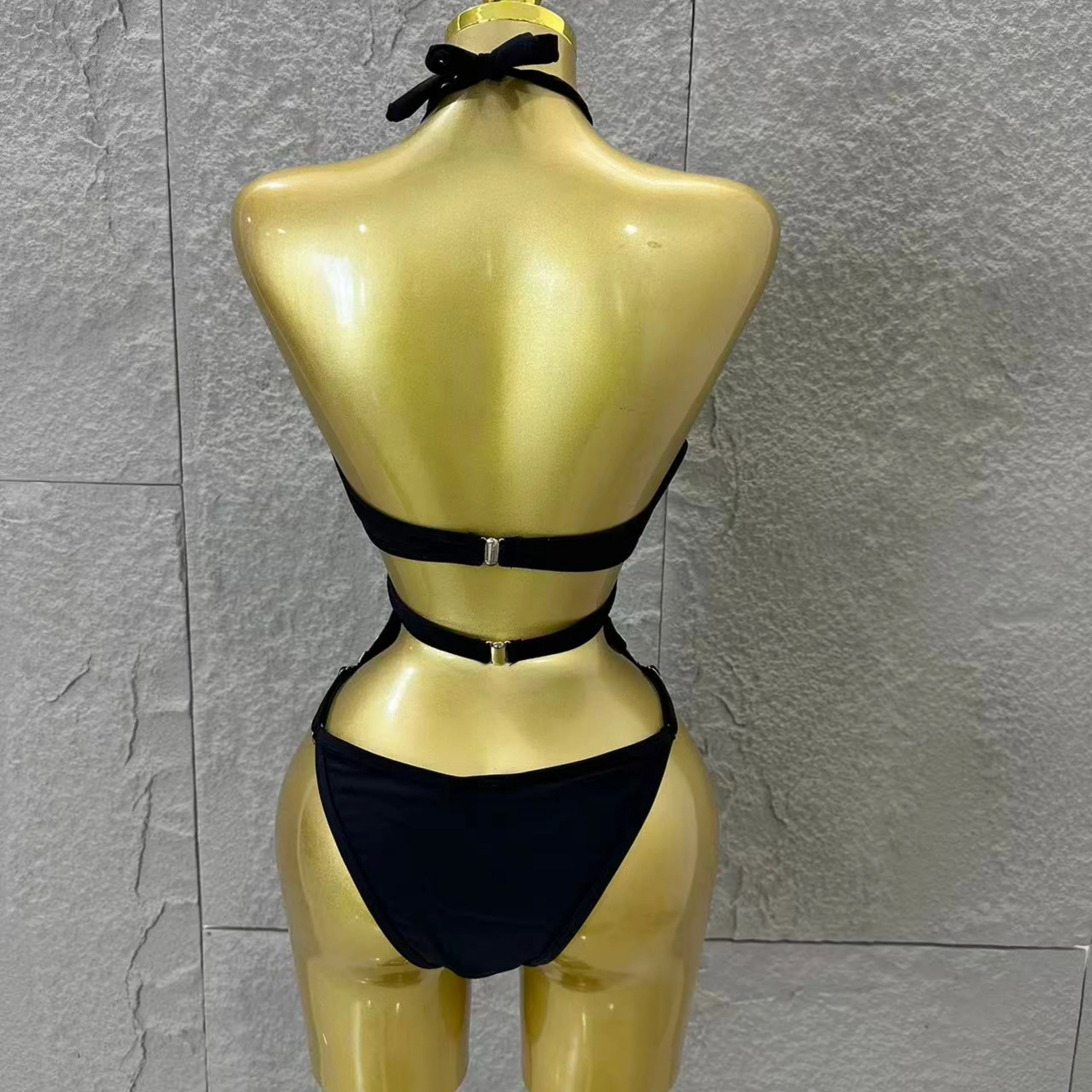 Gold Luxurious Black Bodysuit Women Sexy Halter Neck Iridescent Crystal Embellished Cutout Outfit Stage Performance Costume