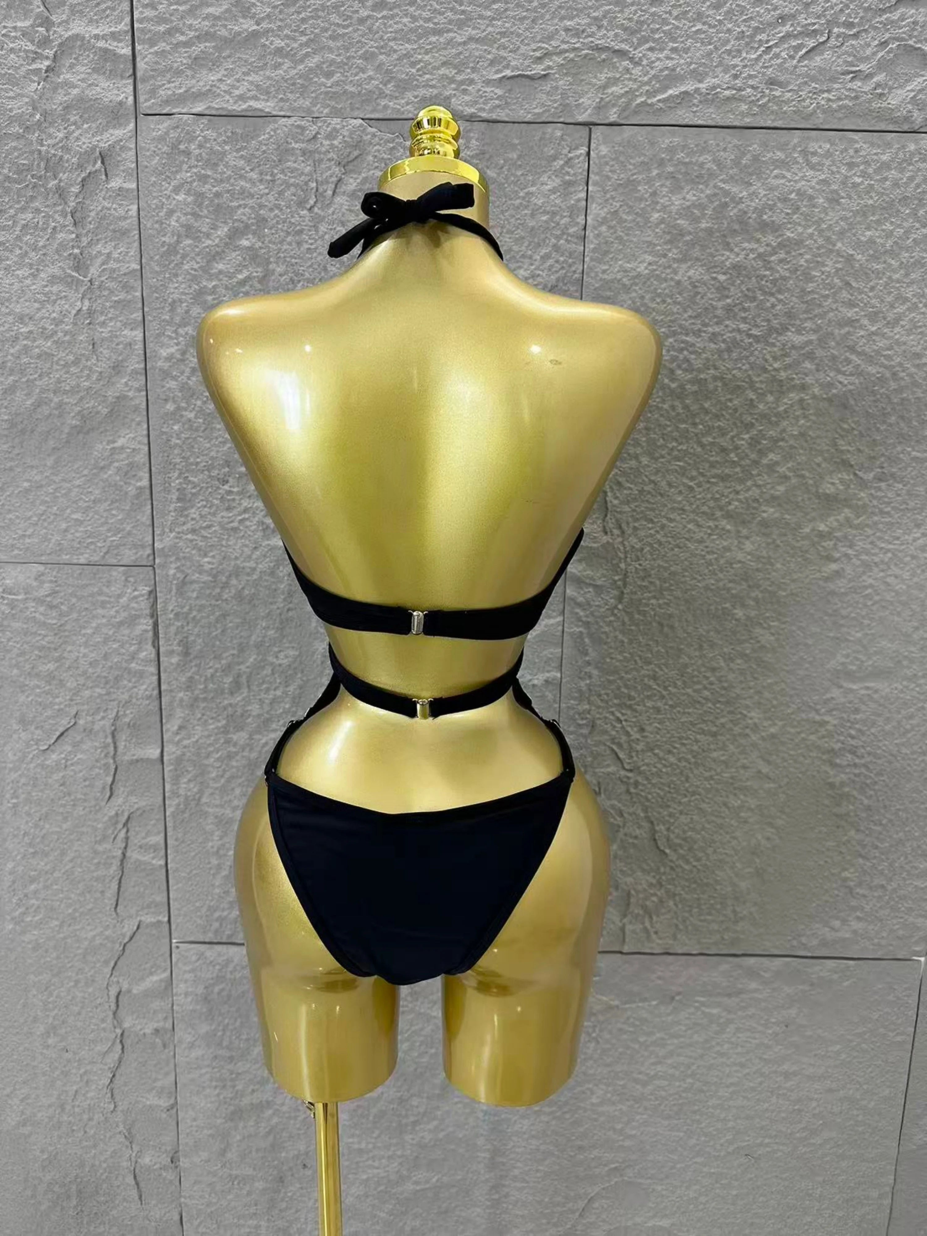 2026 Luxurious Black Bodysuit Women Sexy Halter Neck Iridescent Crystal Embellished Cutout Outfit Stage Performance Costume