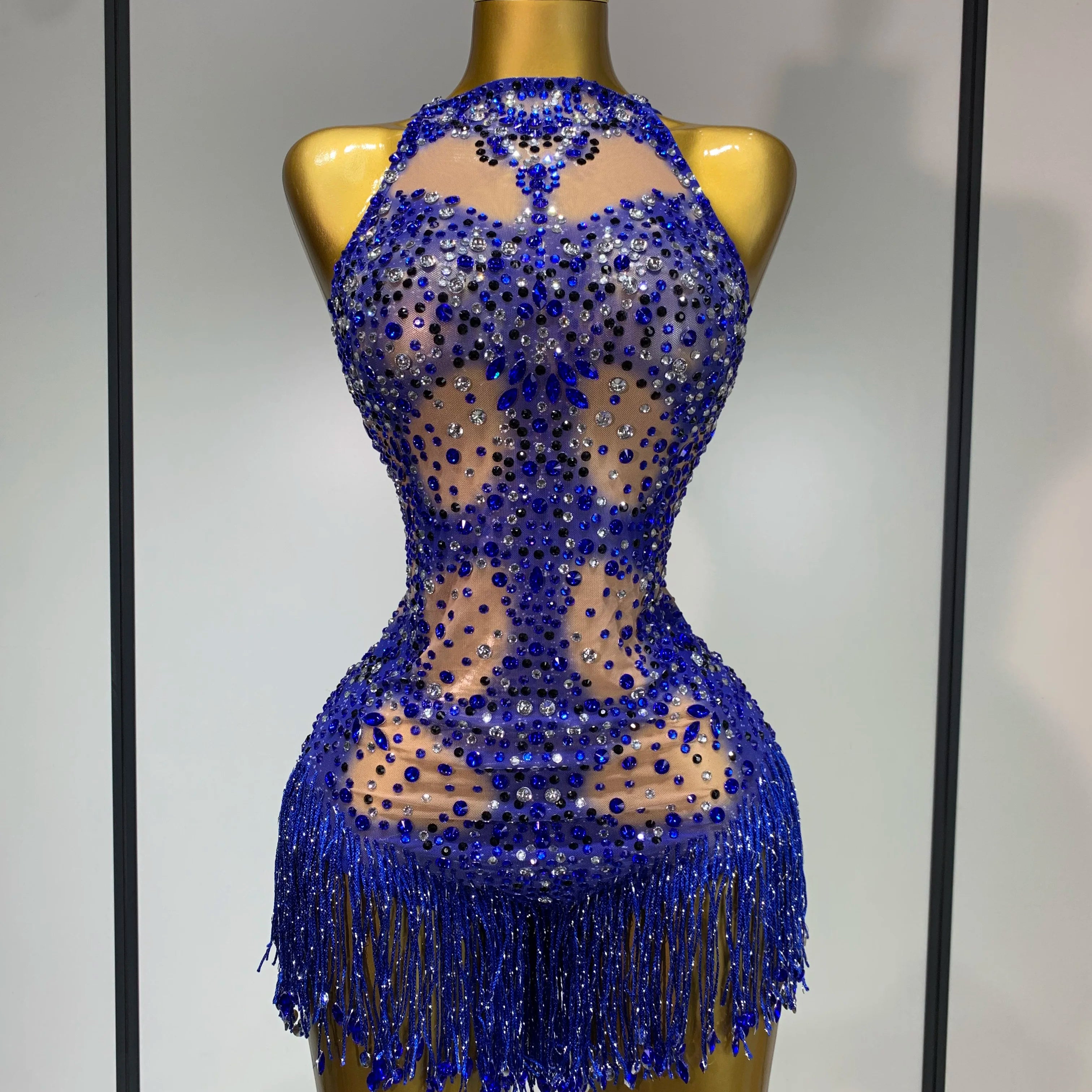 Women Sexy Backless blue Rhinestone Tassel Bodysuit Evening Party Club Singer Stage Performance Costume Luxury Birthday Dress Blue