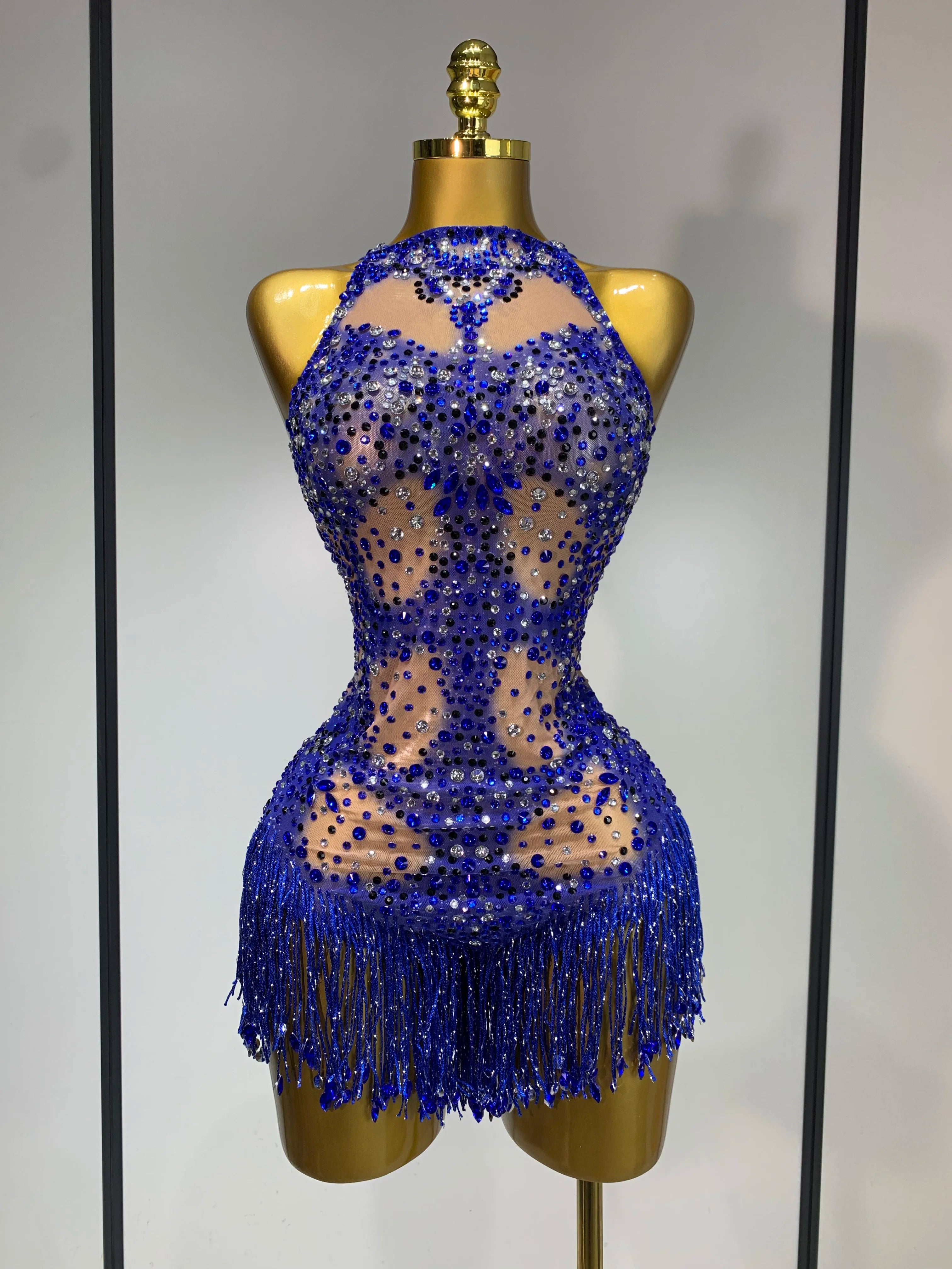 Women Sexy Backless blue Rhinestone Tassel Bodysuit Evening Party Club Singer Stage Performance Costume Luxury Birthday Dress Blue