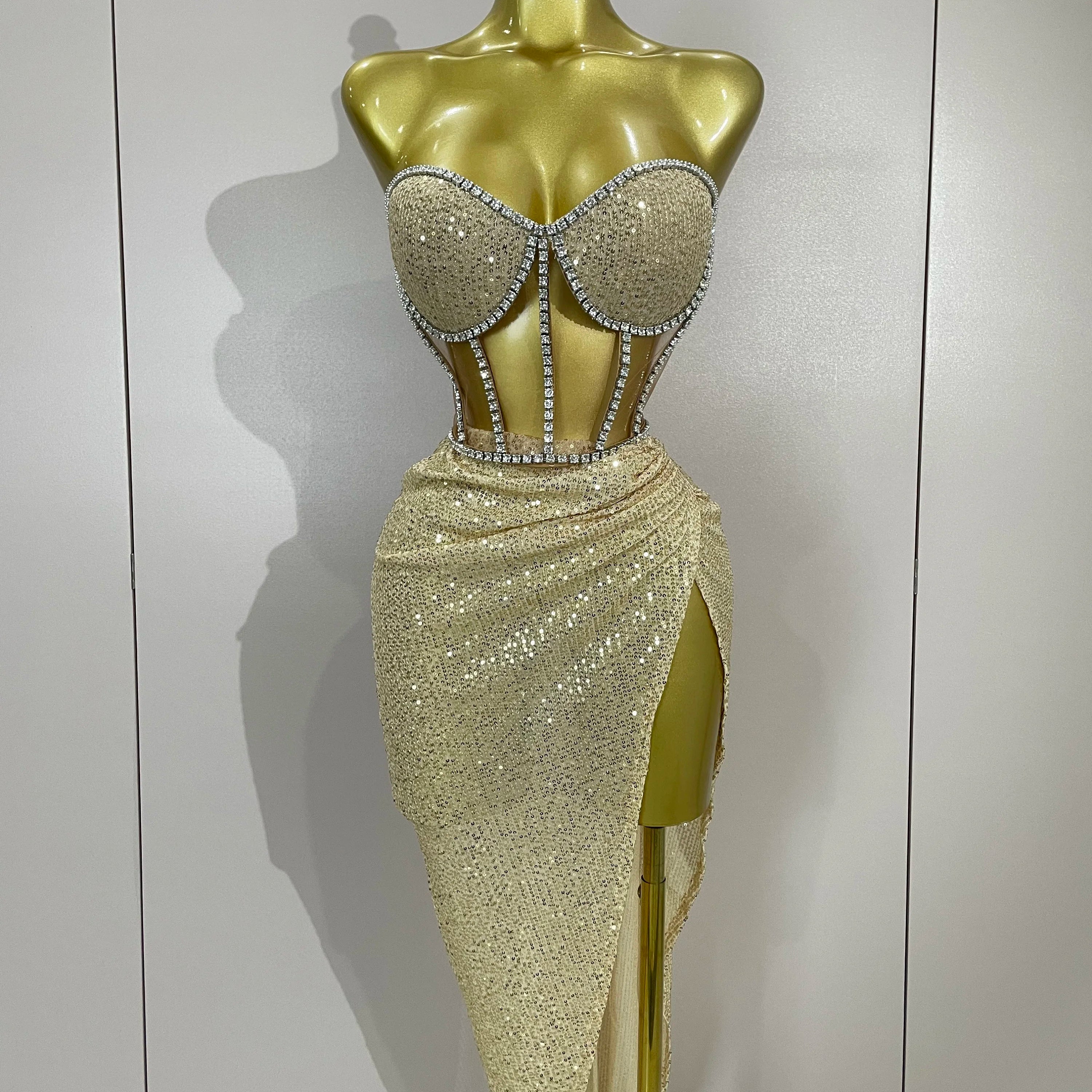 Sparkly Sequins Diamond Birthday Party Two Piece Set Evening Dress 2025 Women Sexy Singer Dancer NightClub Bar Performan Costume Khaki