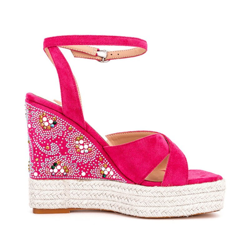 Summer New Suede Thick Bottom Wedge Sandals Round Head Diamond Inlaid Super High Heel Buckle Platform Fashion Sandals N57 rose red