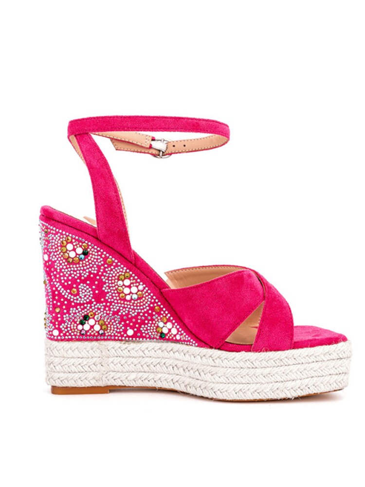 Summer New Suede Thick Bottom Wedge Sandals Round Head Diamond Inlaid Super High Heel Buckle Platform Fashion Sandals N57 rose red